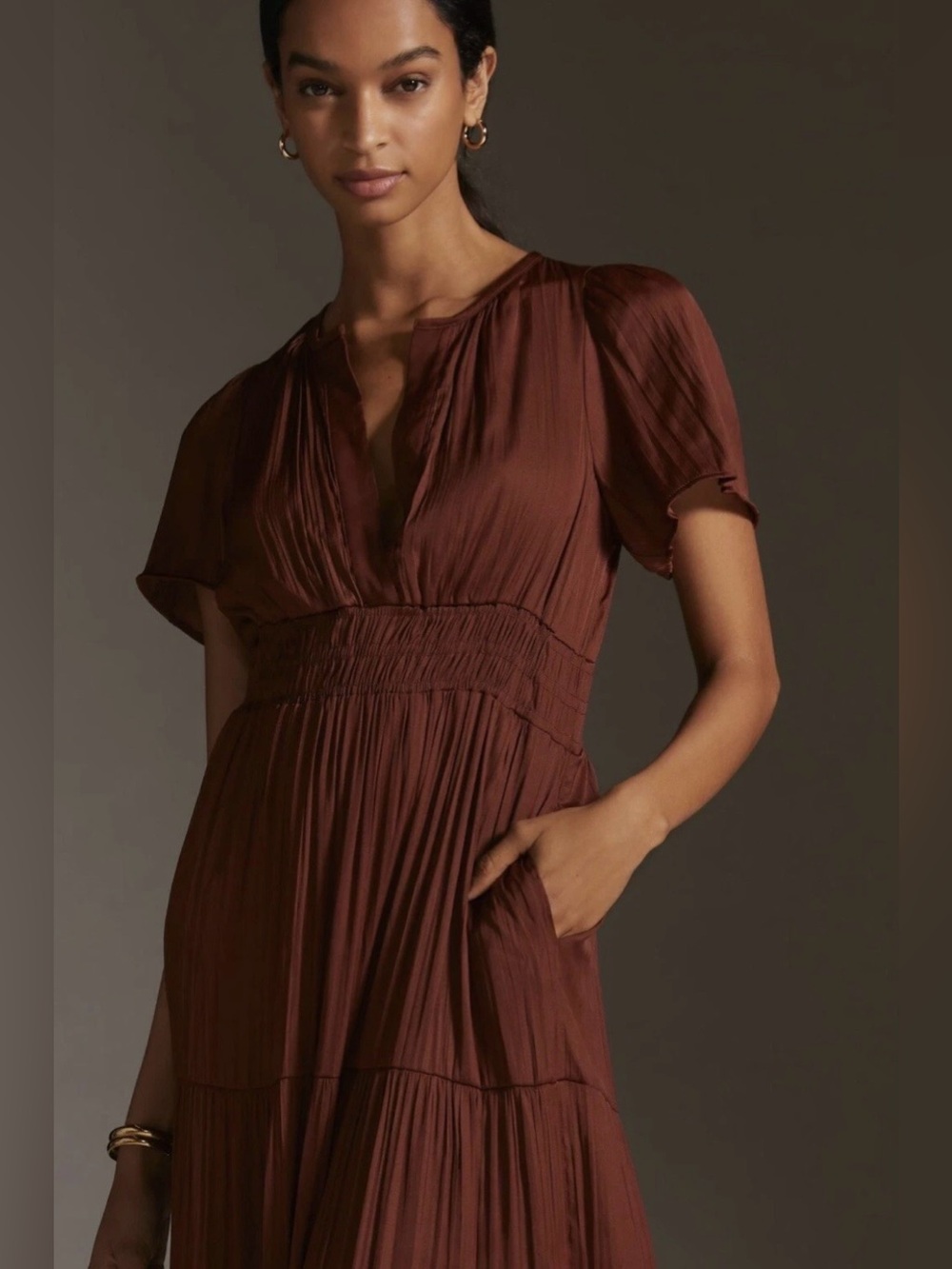Anthropologie SOMERSET Chocolate Brown Tiered Midi Dress - Picture 2 of 6